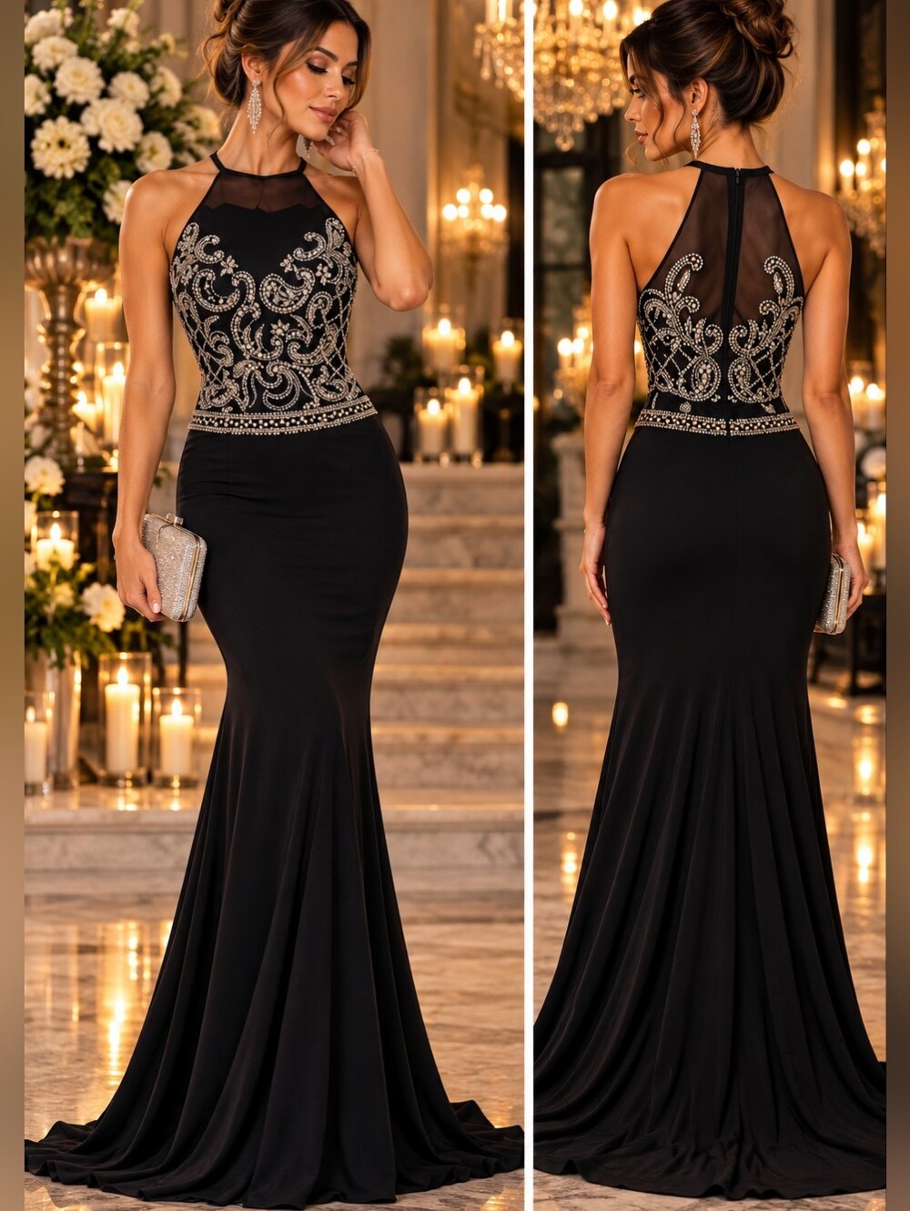 Nina Canacci Black Rhinestone Halter Mermaid Gown Size 10 NWT